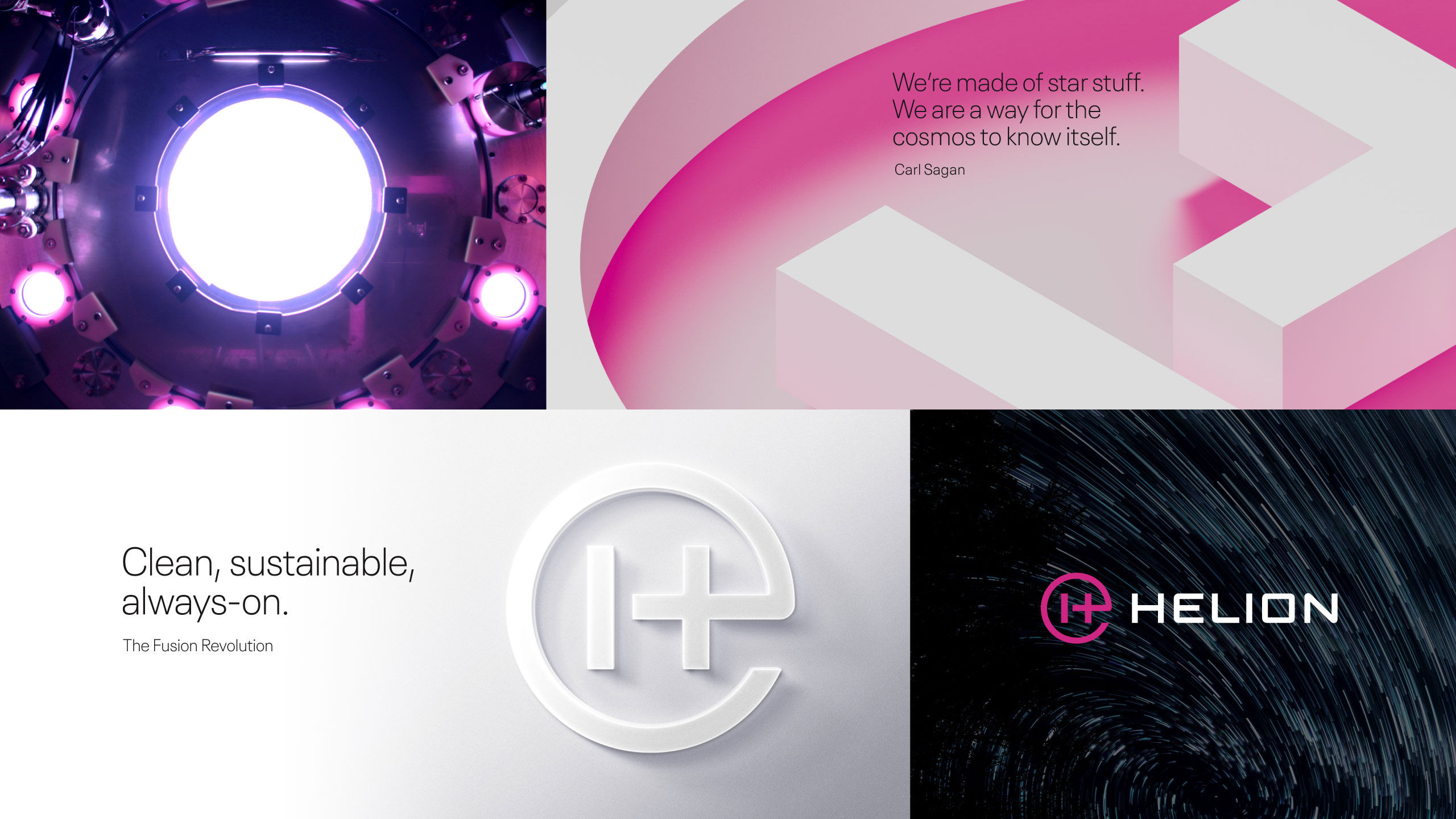 Helion fusion energy collage featuring futuristic reactor imagery, Carl Sagan quote, sustainable energy message, and brand logo.