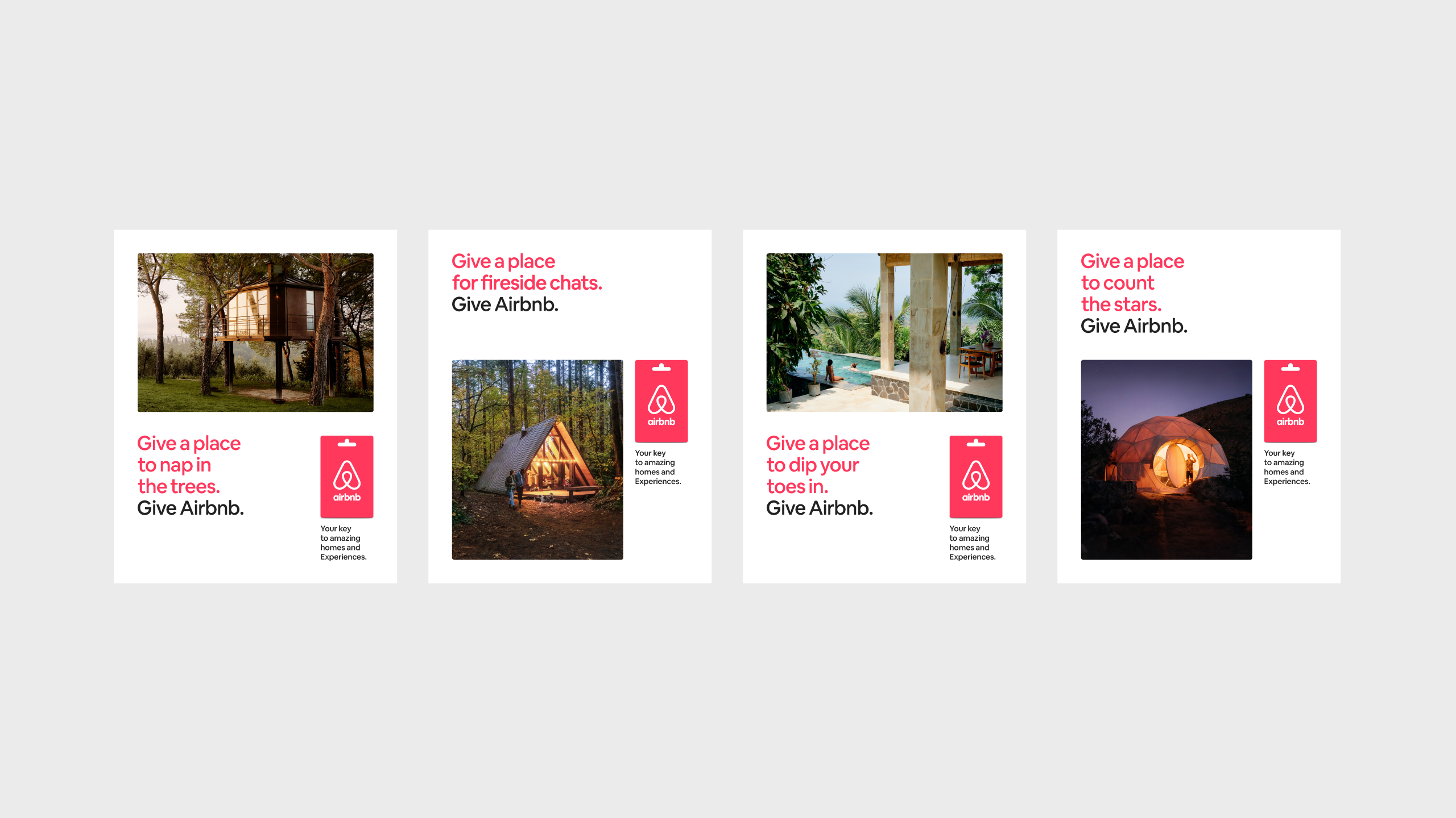 Airbnb advertising design showcasing a treehouse rental, with scalable poster formats and branding elements.