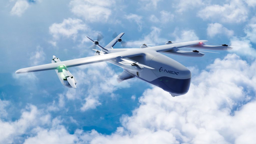 Hydrogen-powered NEX drone flying above the clouds, showcasing sustainable aviation technology.