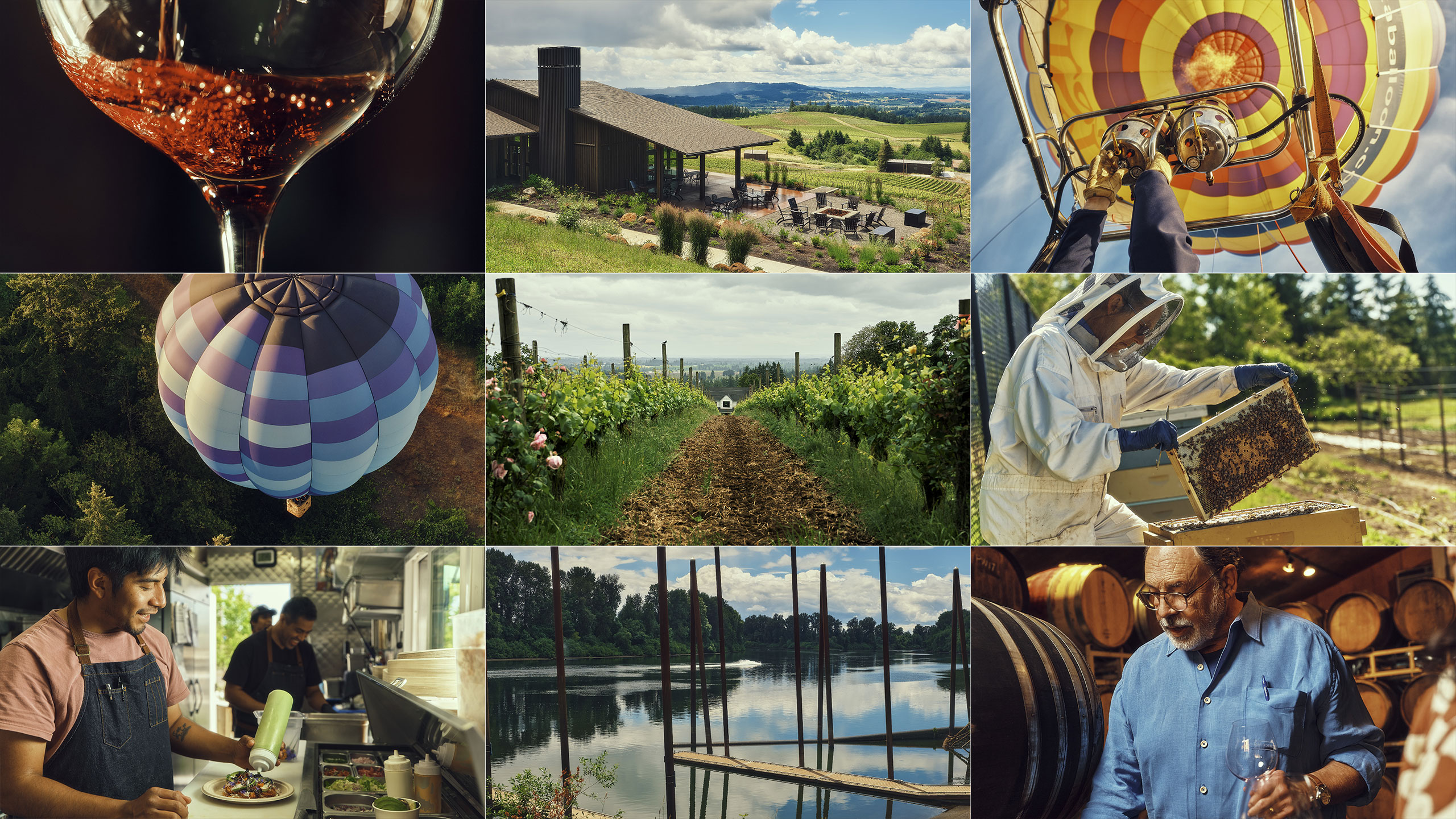 A collage of wine, vineyards, hot air balloons, beekeeping, food, and scenic views showcasing Newberg, Oregon’s charm.