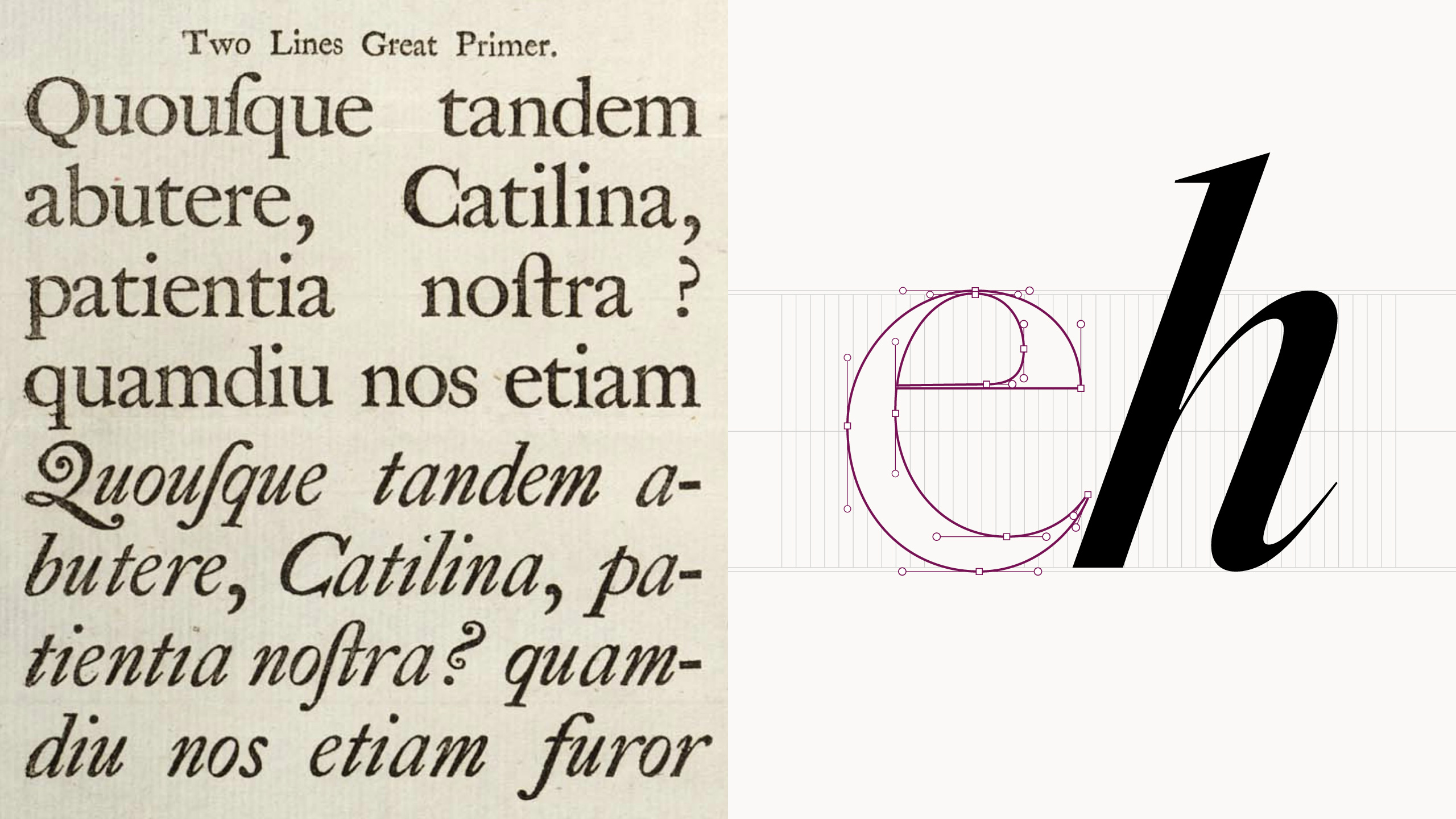 A vintage type specimen on the left and a modern digital typography design with vector outlines on the right.”