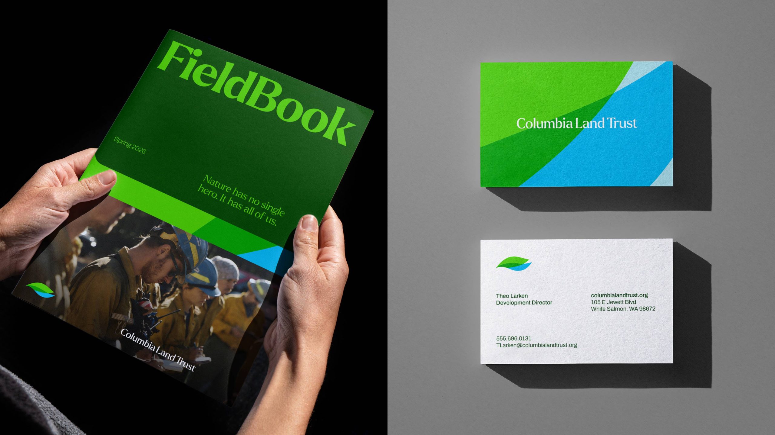 Collateral design samples for the Columbia Land Trust identity