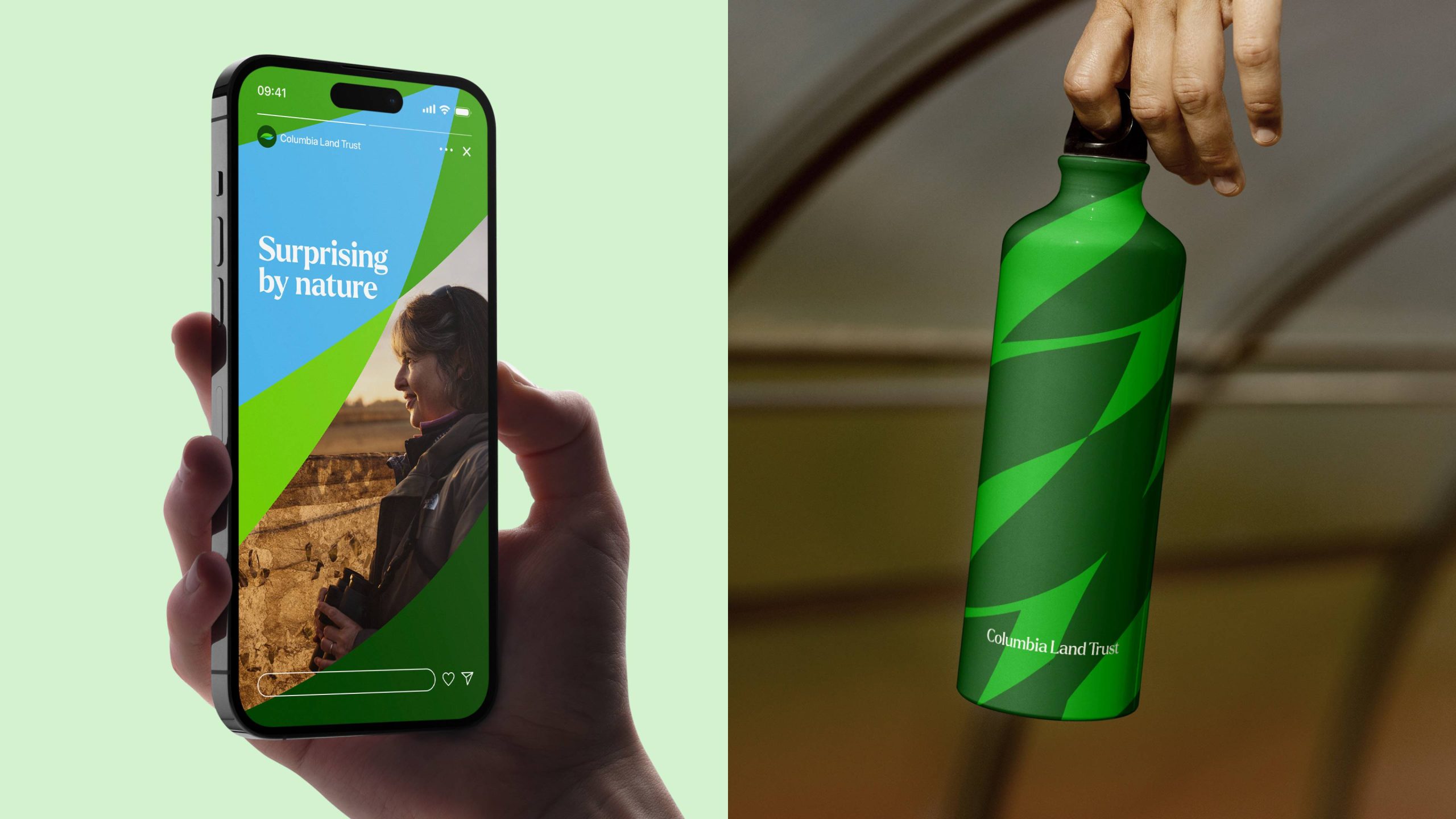 Social media and bottle design samples for the Columbia Land Trust identity