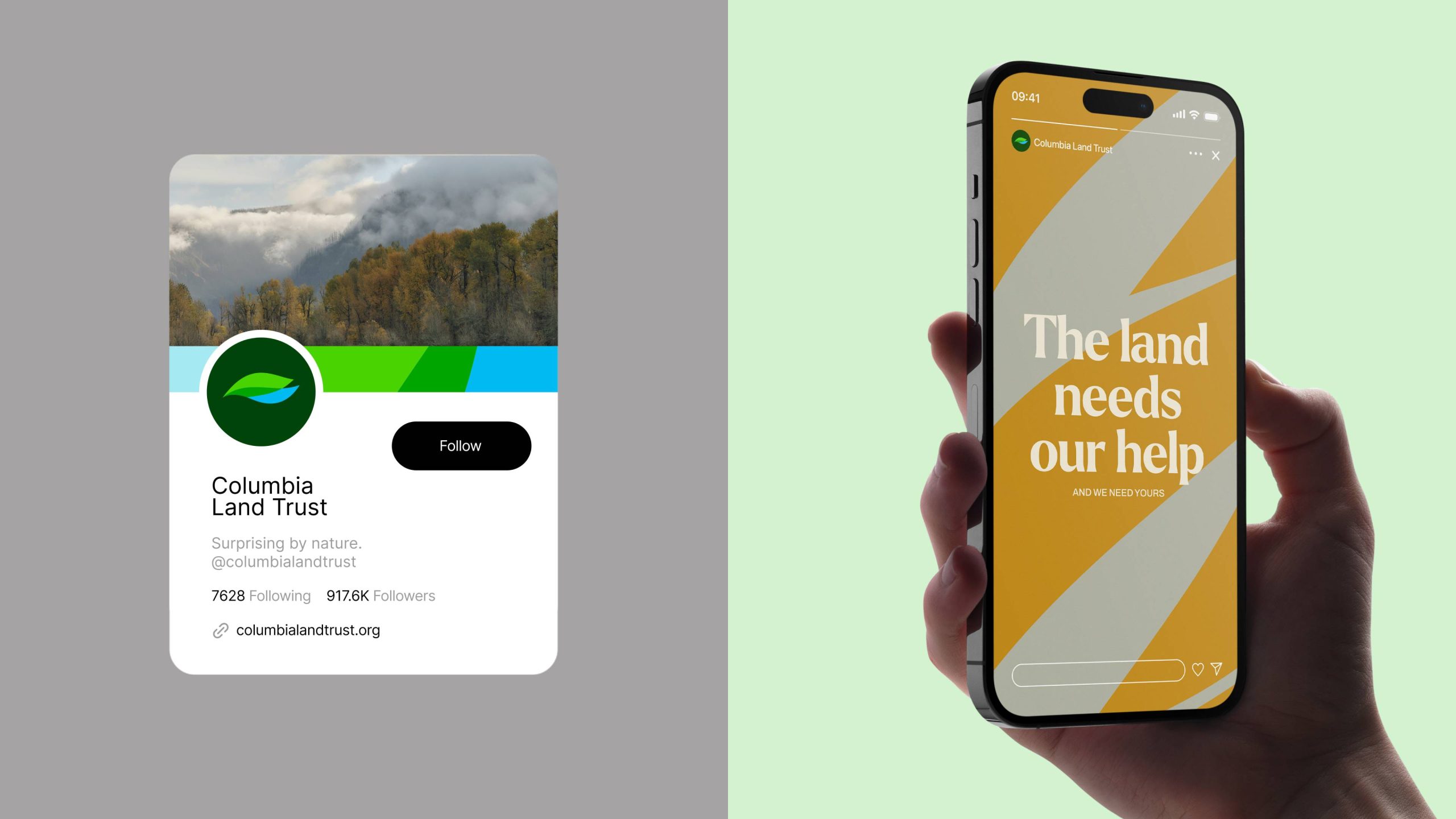 Social media design samples for the Columbia Land Trust identity